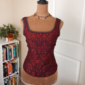 Vintage Y2K Gothic Corset Tank Top Red Black Brocade Fairycore Whimsygoth